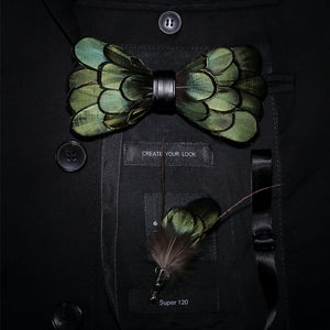 Green Bird's Feather Handmade Bow Tie