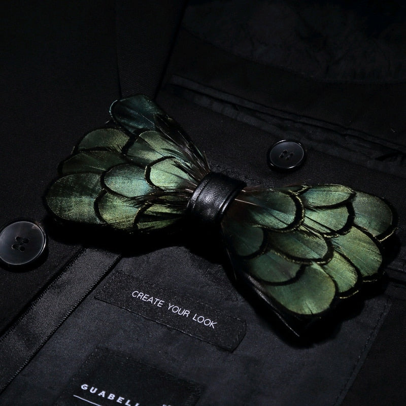 Green Bird's Feather Handmade Bow Tie