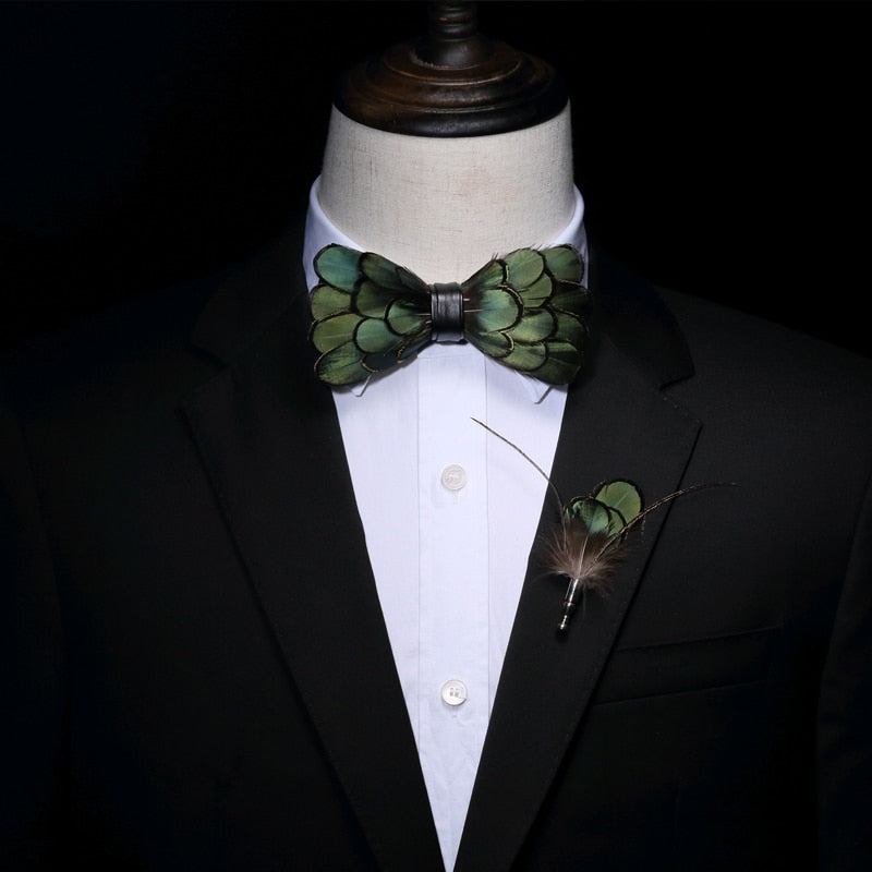 Green Bird's Feather Handmade Bow Tie