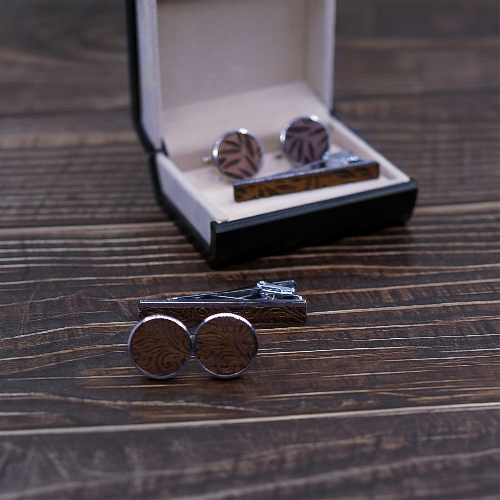 Vintage Wood Neck Tie Clip ans Cufflinks Set