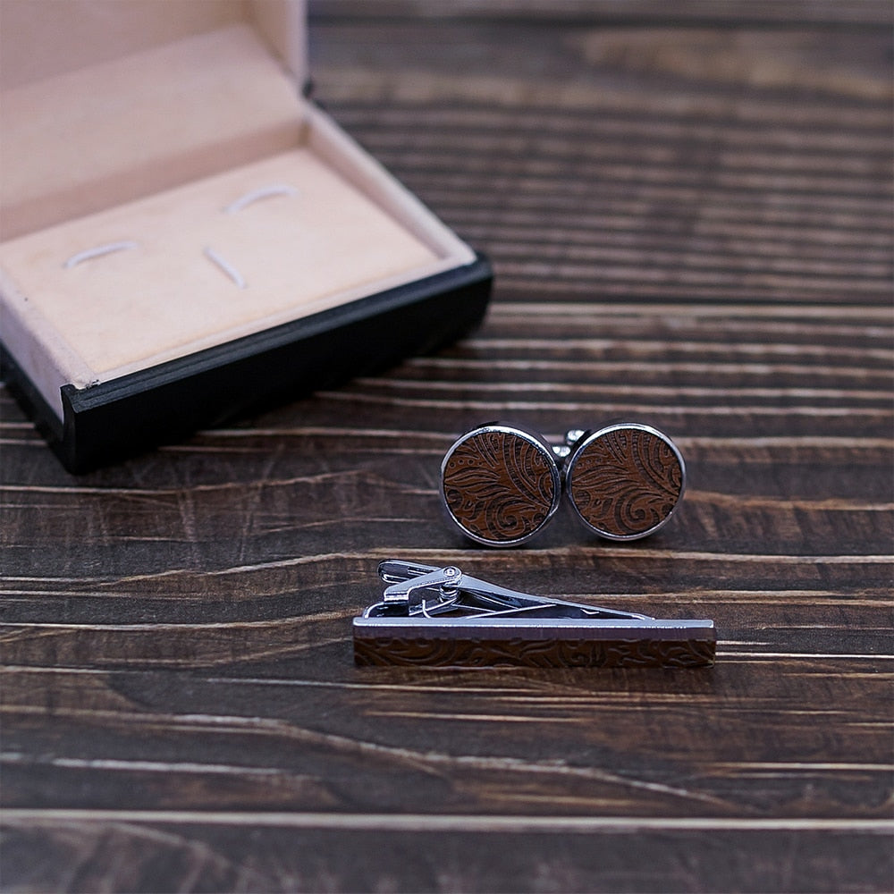 Vintage Wood Neck Tie Clip ans Cufflinks Set