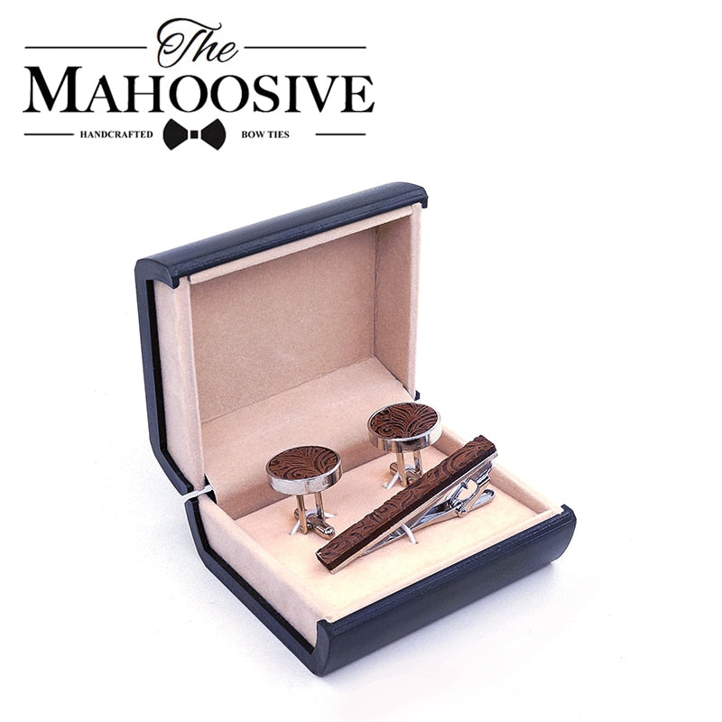 Vintage Wood Neck Tie Clip ans Cufflinks Set