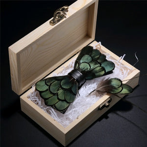 Green Bird's Feather Handmade Bow Tie