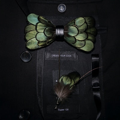 Green Bird's Feather Handmade Bow Tie