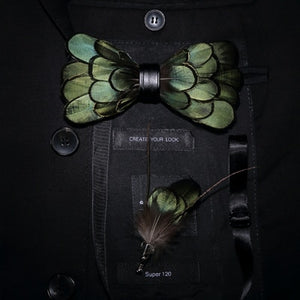 Green Bird's Feather Handmade Bow Tie
